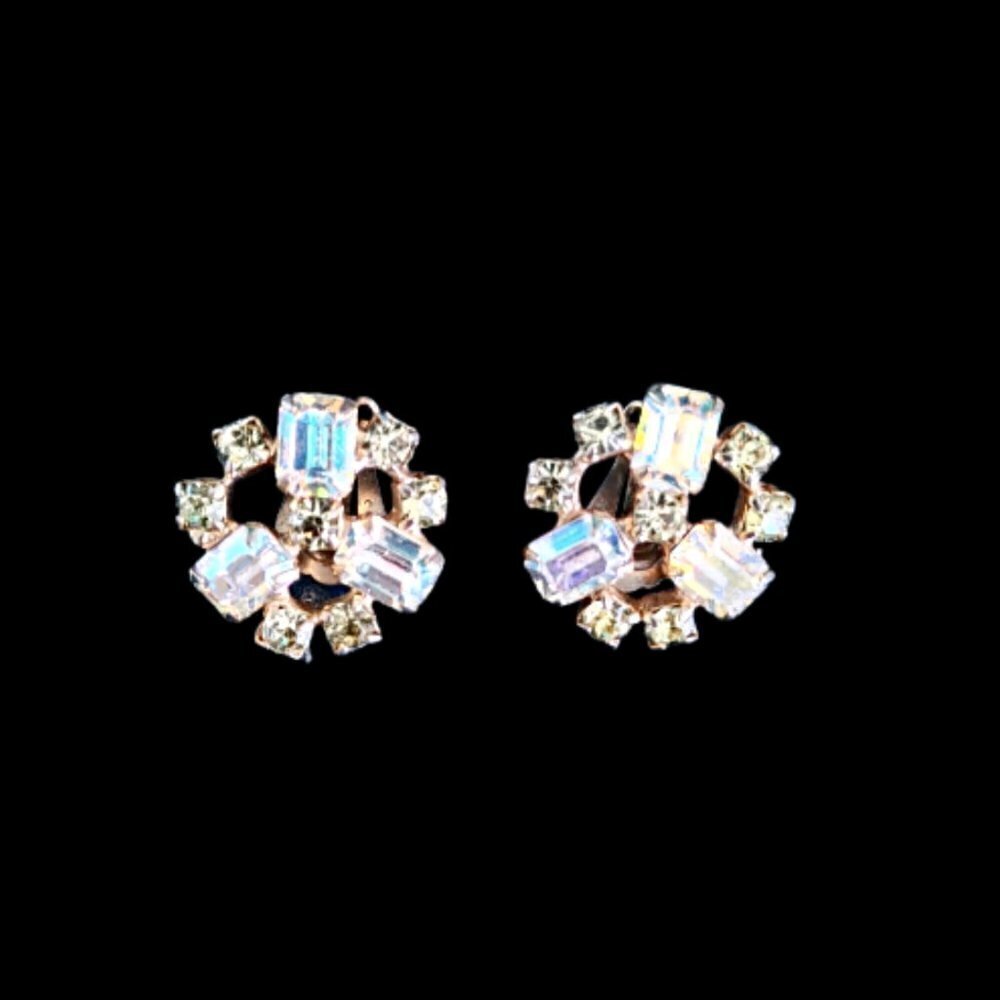 Vintage Mid Century Yellow Rhinestone Starburst Earrings Clip On - Picture 1 of 6